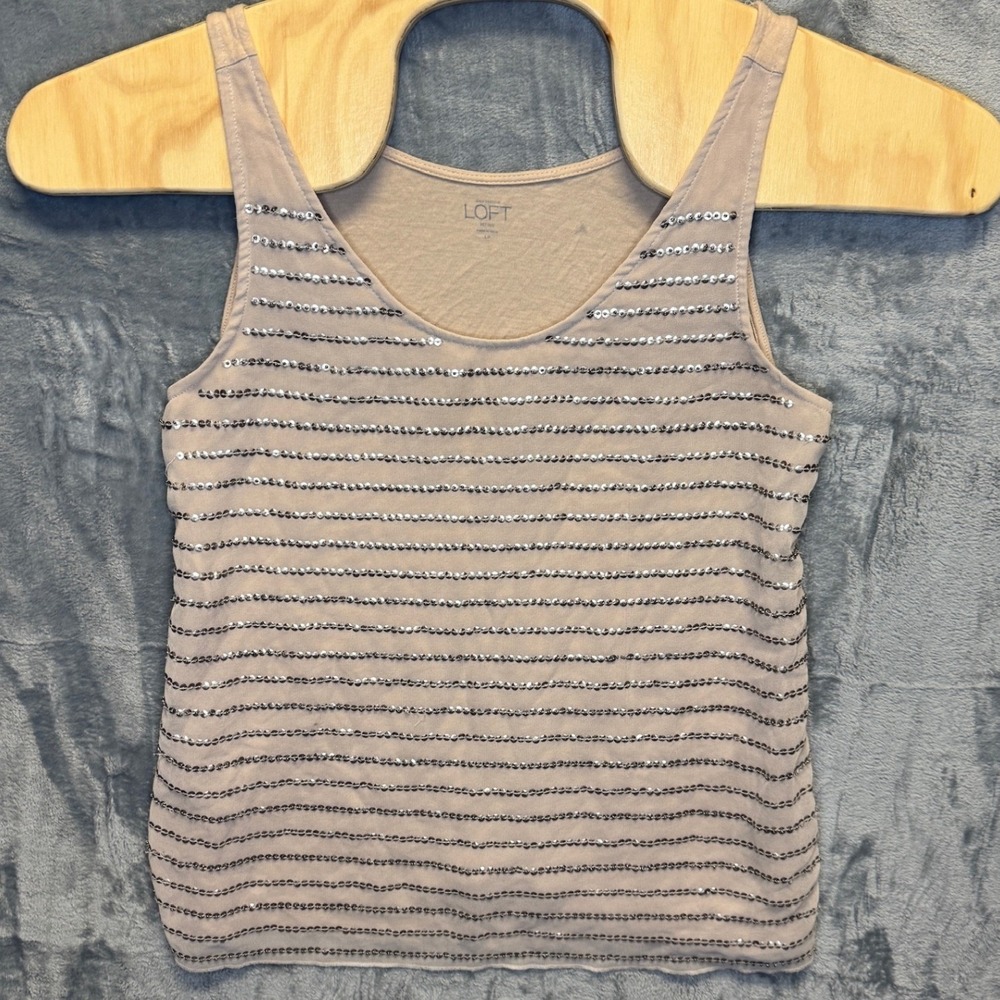 2124 | Loft Petite Sequin Striped Embellished Tank Top Taupe LP